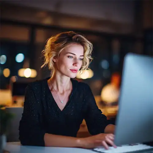 Female copywriter looking at a screen & typing