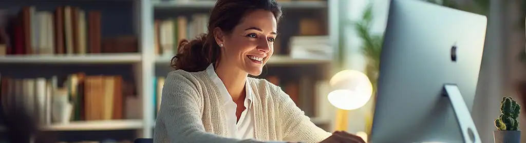 Happy lady looking at her computer screen