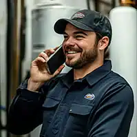 Happy plumber on the phone