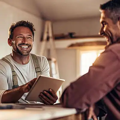 Happy tradesman checking his ipad for new bookings