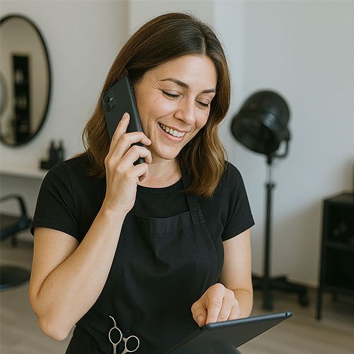 Happy female hairdresser on phone, booking an appointment on her ipad