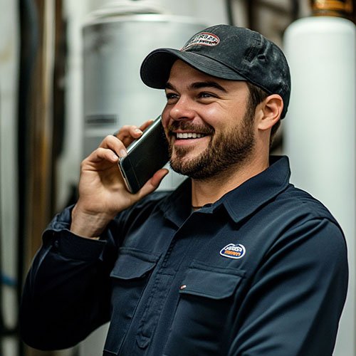 Happy plumber on the phone