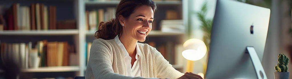 Happy lady looking at her computer screen